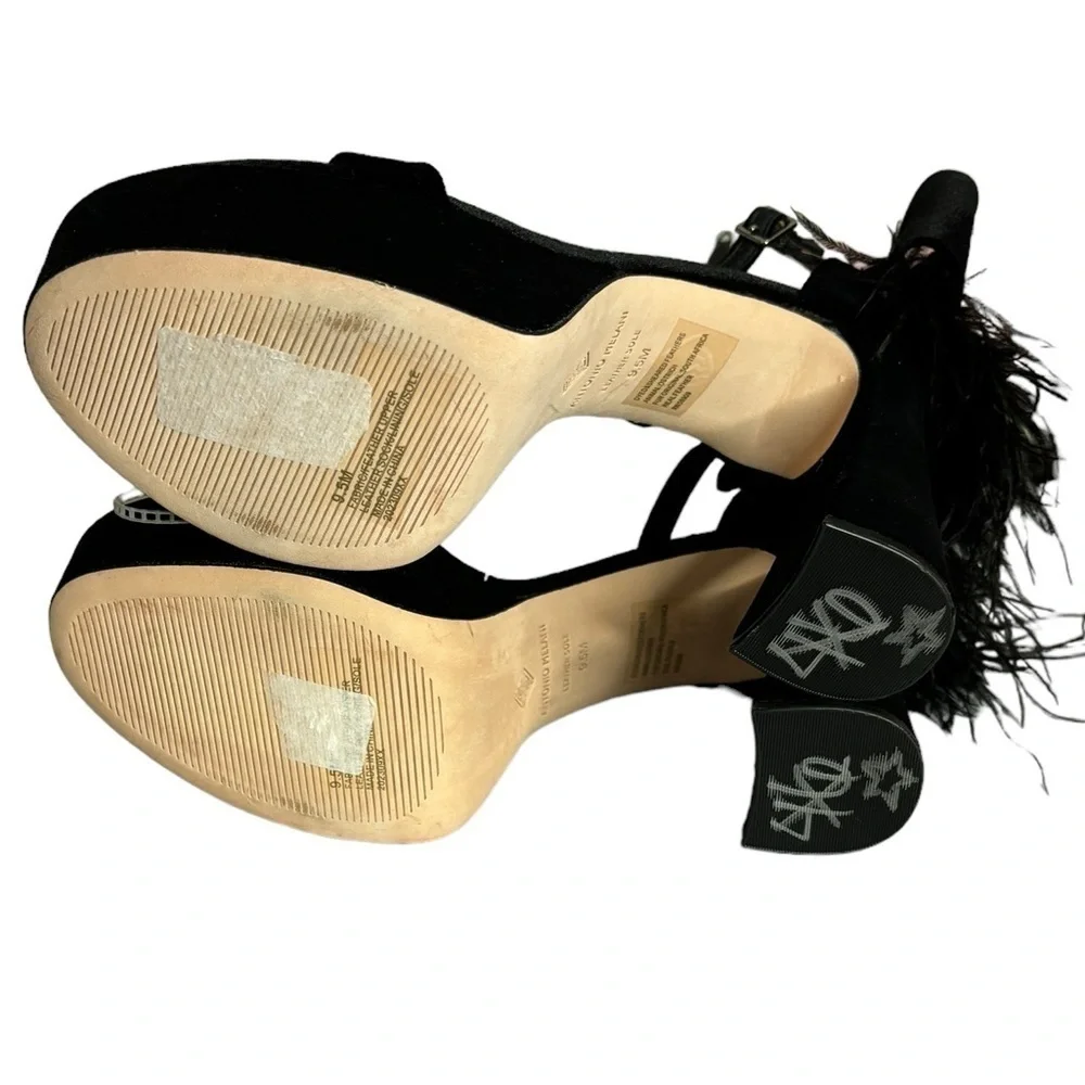 ANTONIO MELANI Black Platform Feather Ankle-Strap Sandals